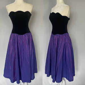 Vtg Laura Ashley Prom Dress Size XS Black Purple Taffeta Strapless Formal 80s